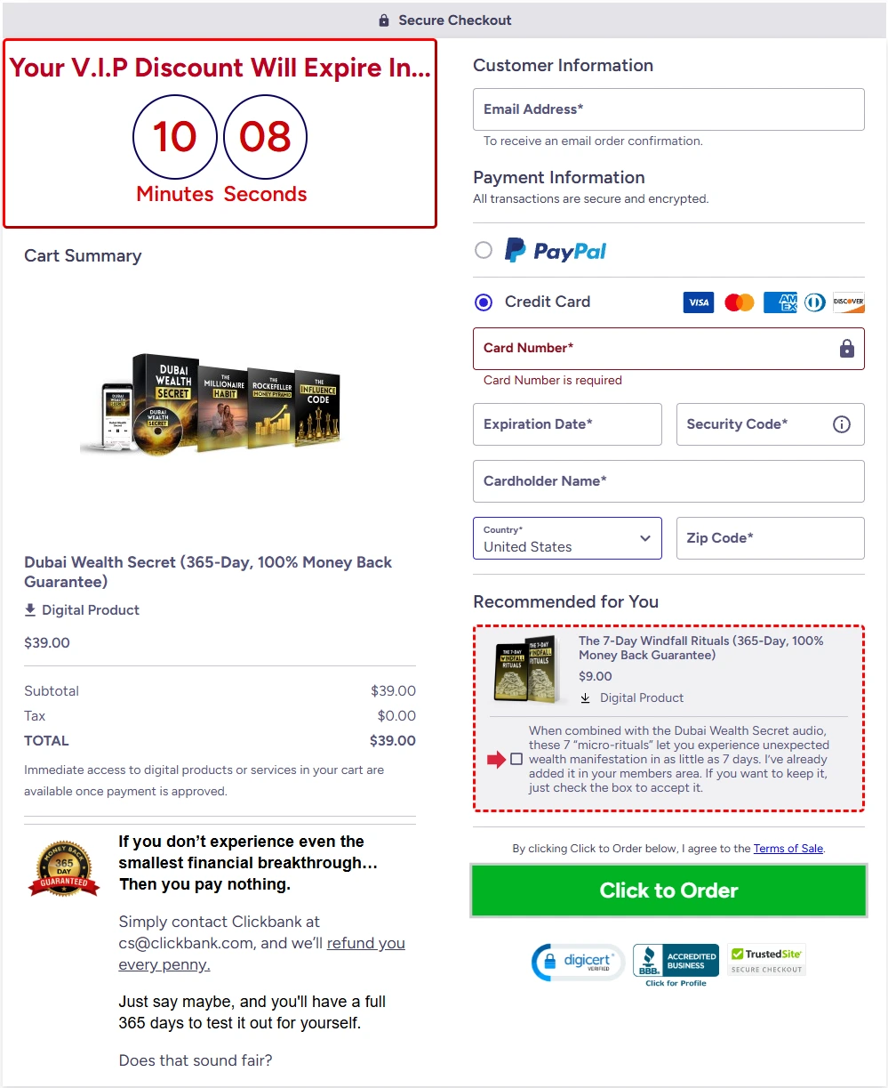 Dubai Wealth Secret secure ClickBank checkout page showing the $39 order summary and payment options
